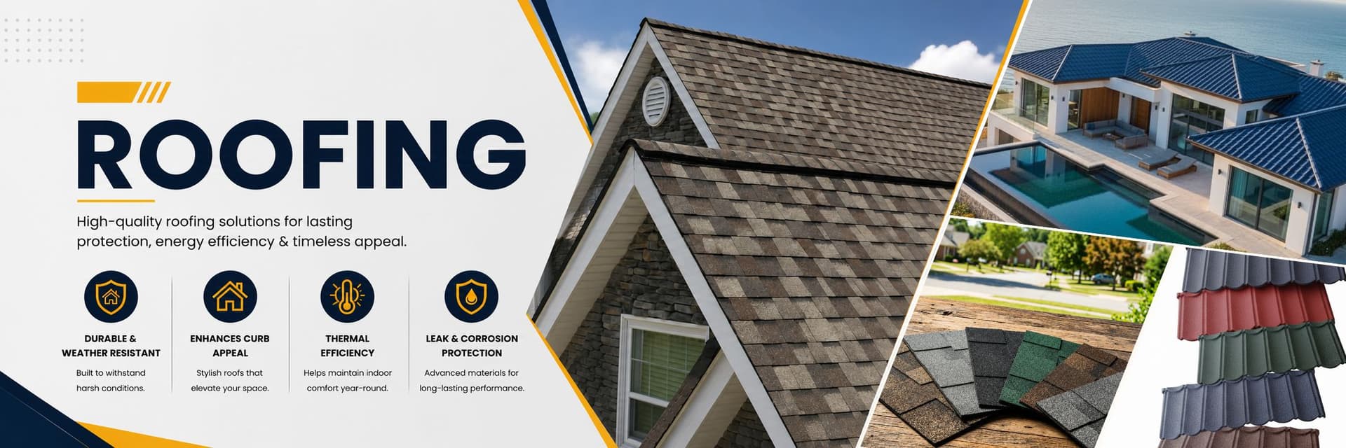 MaterialBuy roofing banner showcasing asphalt shingles, stone-coated roof tiles, and modern homes, highlighting weather resistance, thermal efficiency, curb appeal, and leak protection.