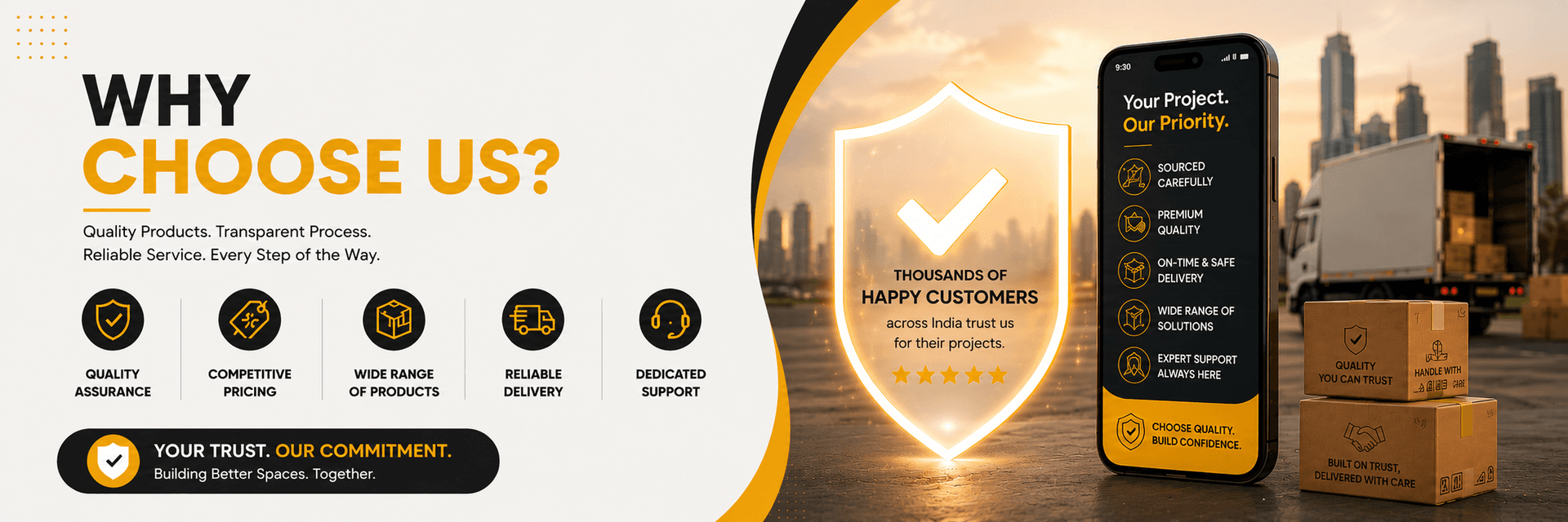 MaterialBuy Why Choose Us banner highlighting quality assurance, competitive pricing, wide product range, reliable delivery, and dedicated customer support.