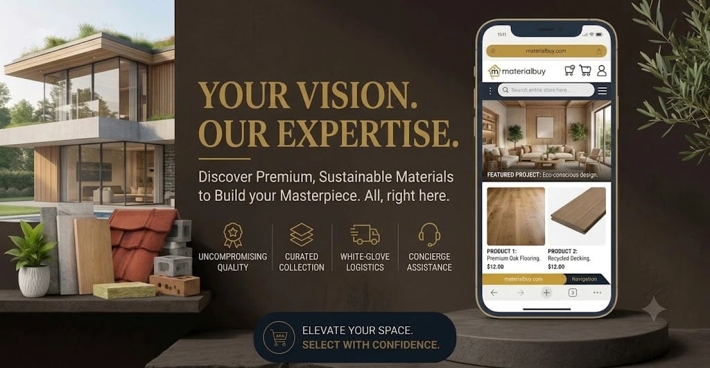 MaterialBuy homepage banner showcasing premium sustainable building materials, a modern architectural home, flooring and roofing products, and the MaterialBuy online marketplace.